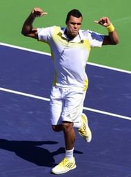 Jo-Wilfried Tsonga celebrates victory over Mardy Fish at the BNP Paribas Open in Indian Wells on March 12, 2013